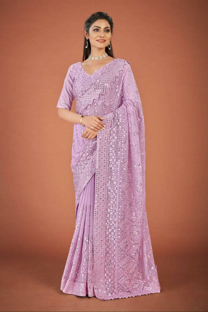 Vastrasky Lavender Georgette Designer Saree - Distacart