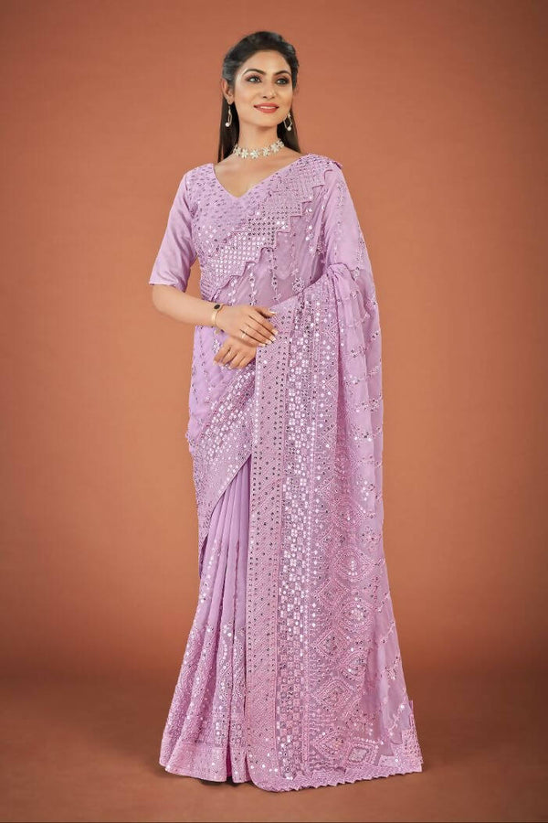 Vastrasky Lavender Georgette Designer Saree - Distacart