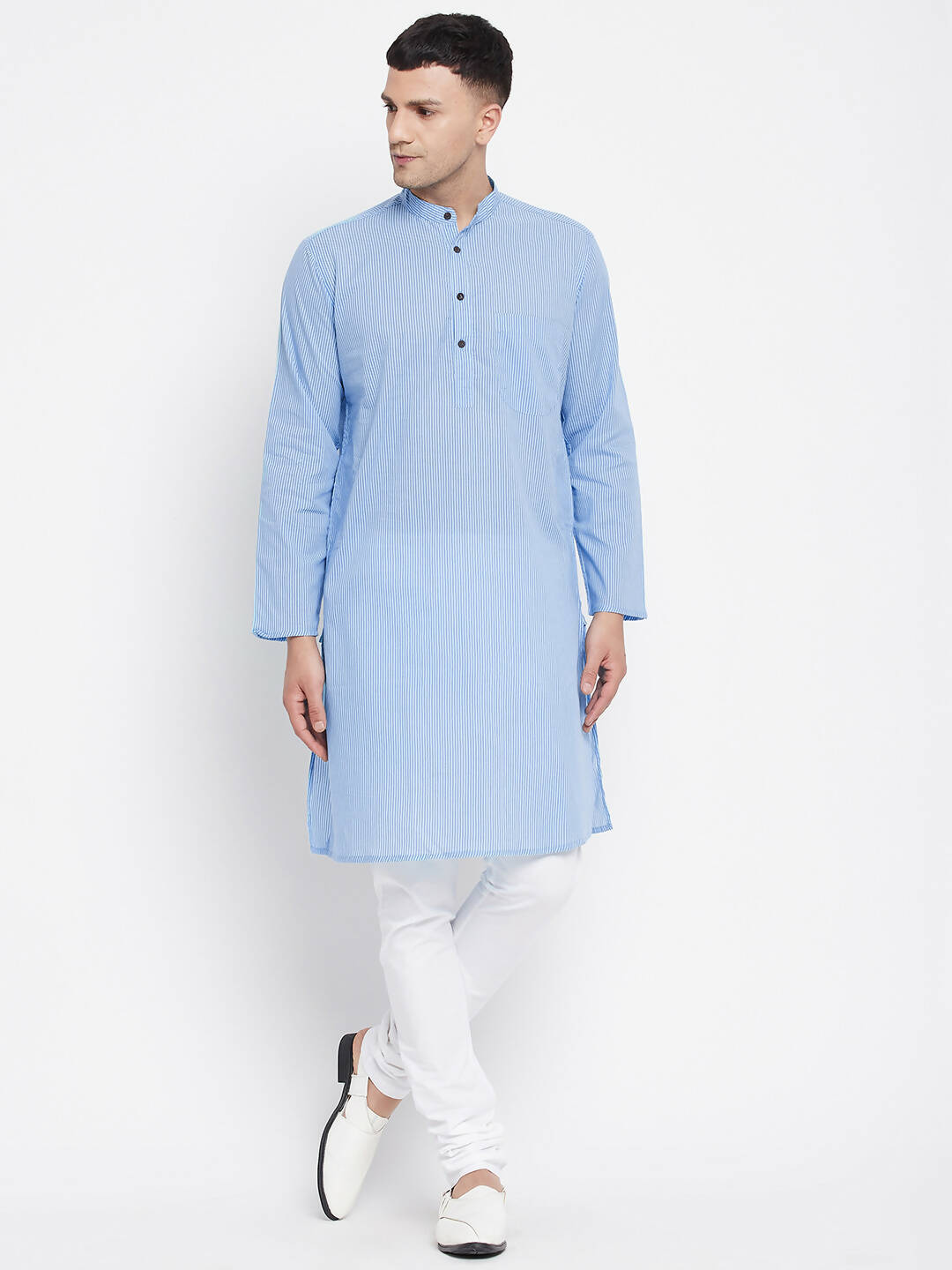 Even Apparels Blue Pure Cotton Men's Kurta With Band Collar - Distacart