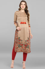 Thumbnail for Janasya Women's Light Brown Poly Silk Floral Printed Casual Straight kurta - Distacart