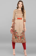 Thumbnail for Janasya Women's Light Brown Poly Silk Floral Printed Casual Straight kurta - Distacart