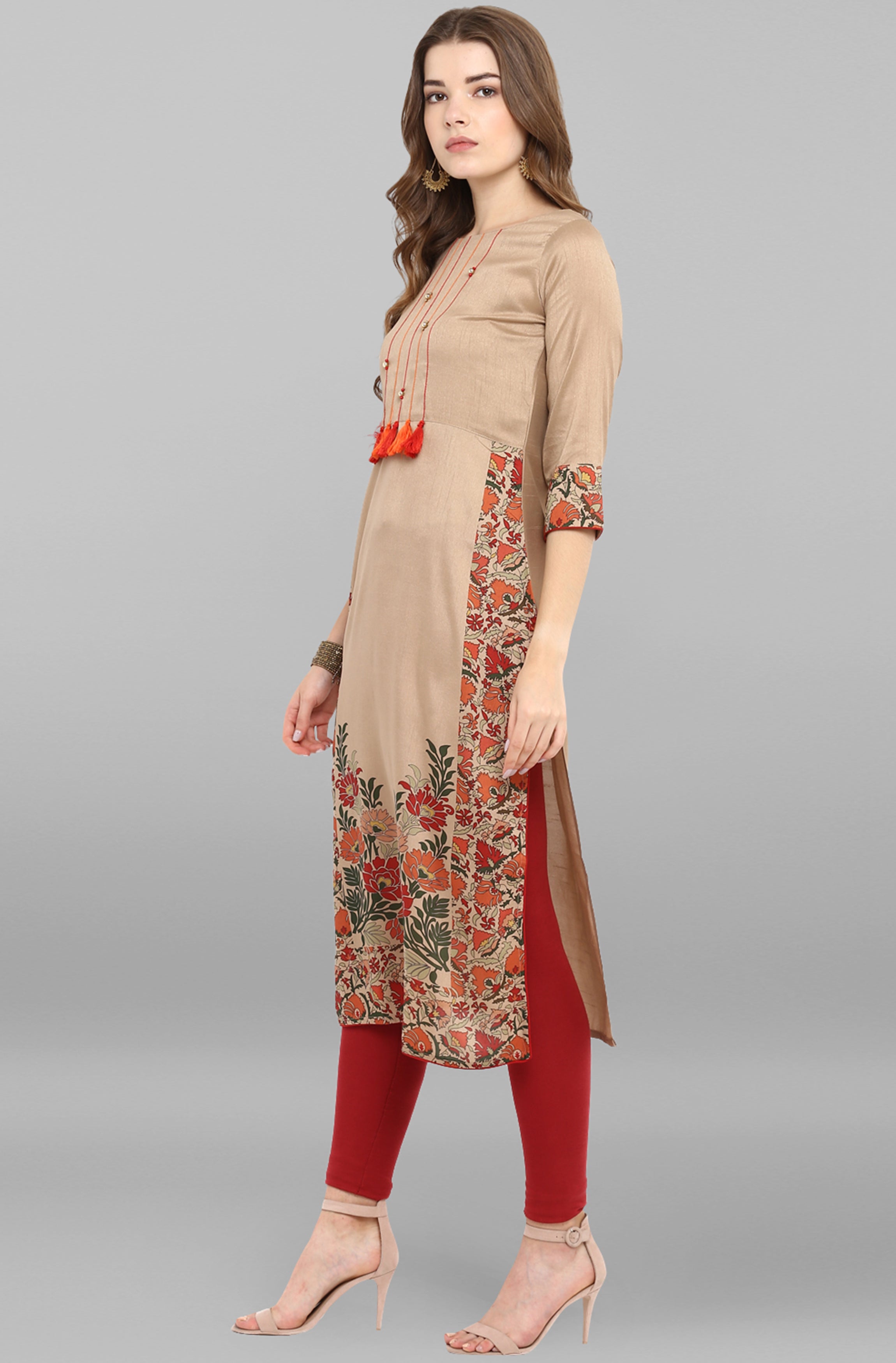 Janasya Women's Light Brown Poly Silk Floral Printed Casual Straight kurta - Distacart