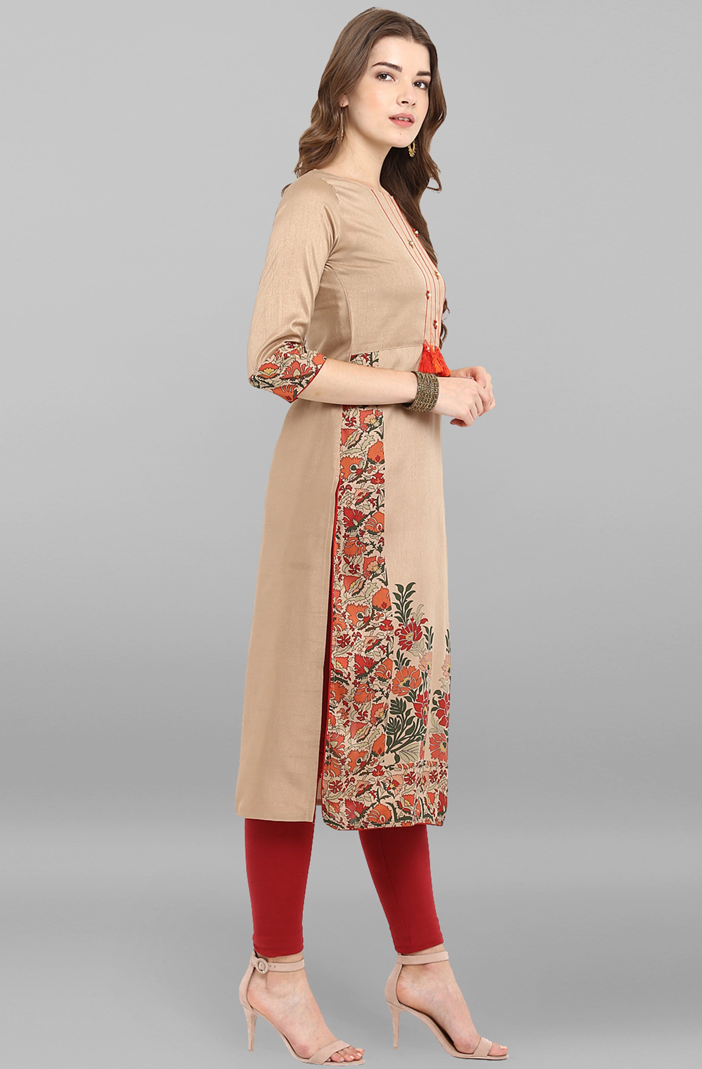 Janasya Women's Light Brown Poly Silk Floral Printed Casual Straight kurta - Distacart