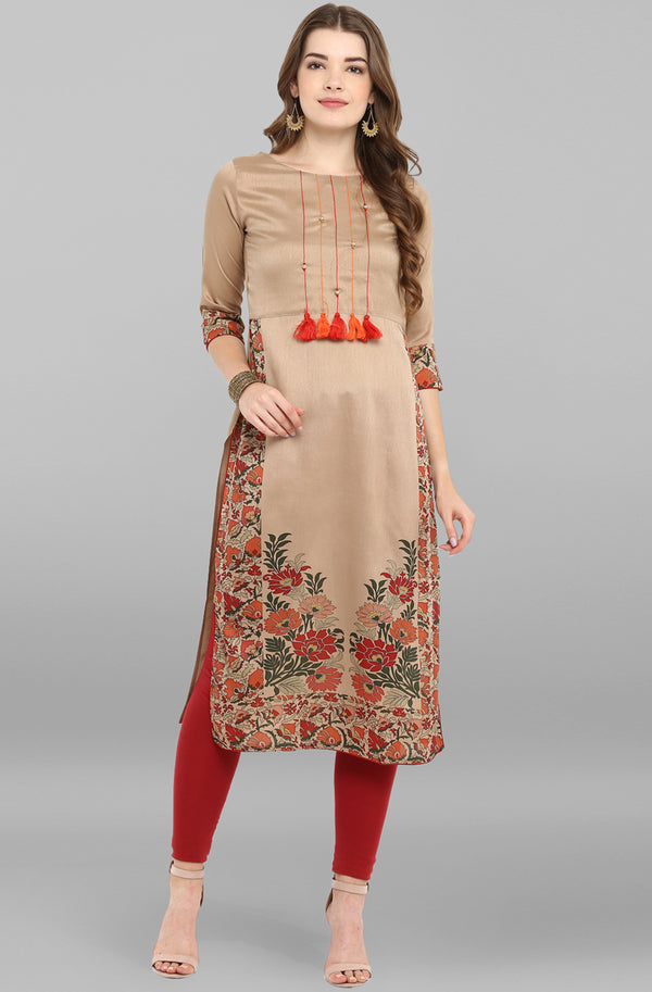 Janasya Women's Light Brown Poly Silk Floral Printed Casual Straight kurta - Distacart