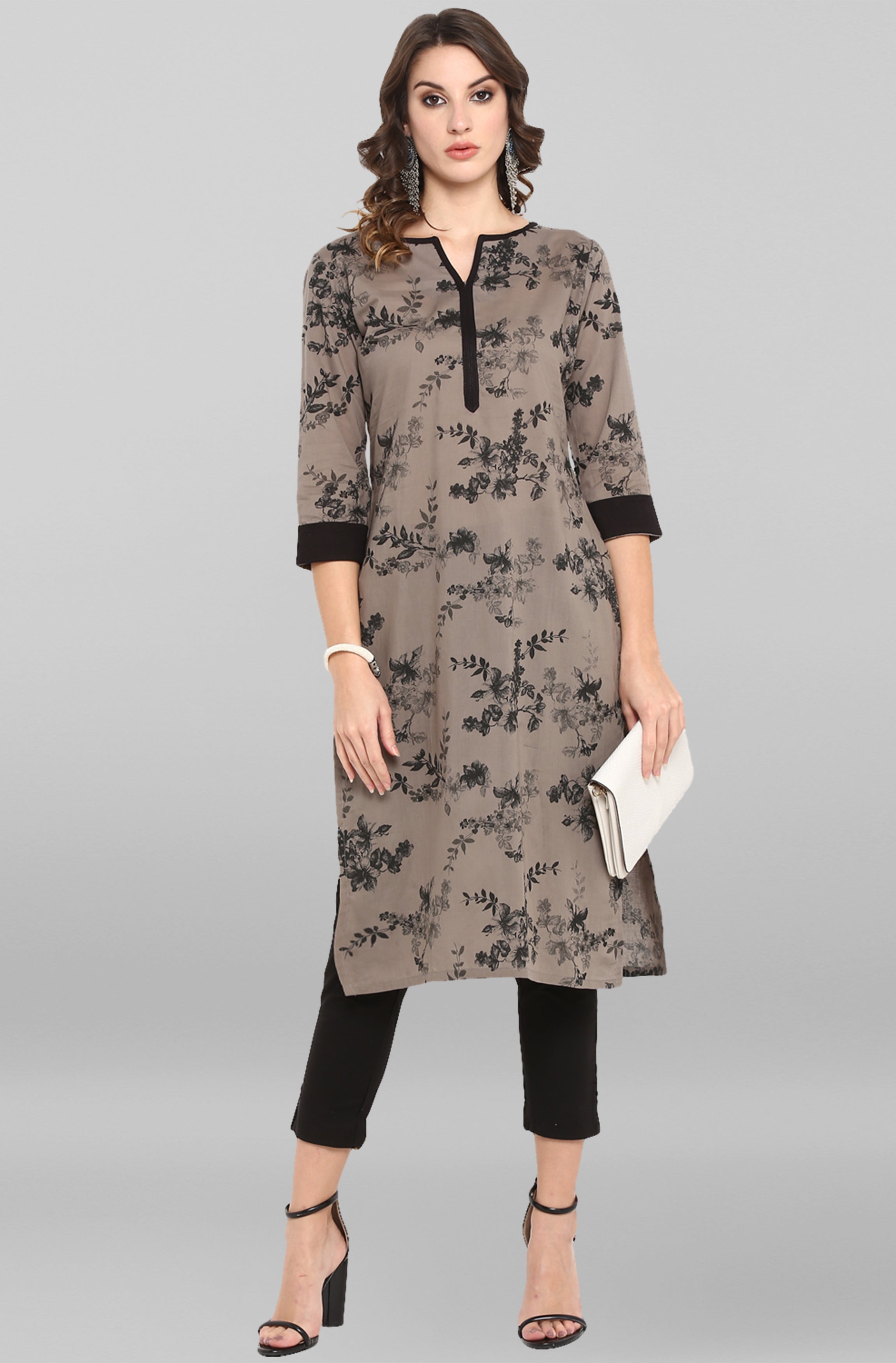 Janasya Women's Grey Cotton Floral Printed Casual Straight kurta - Distacart