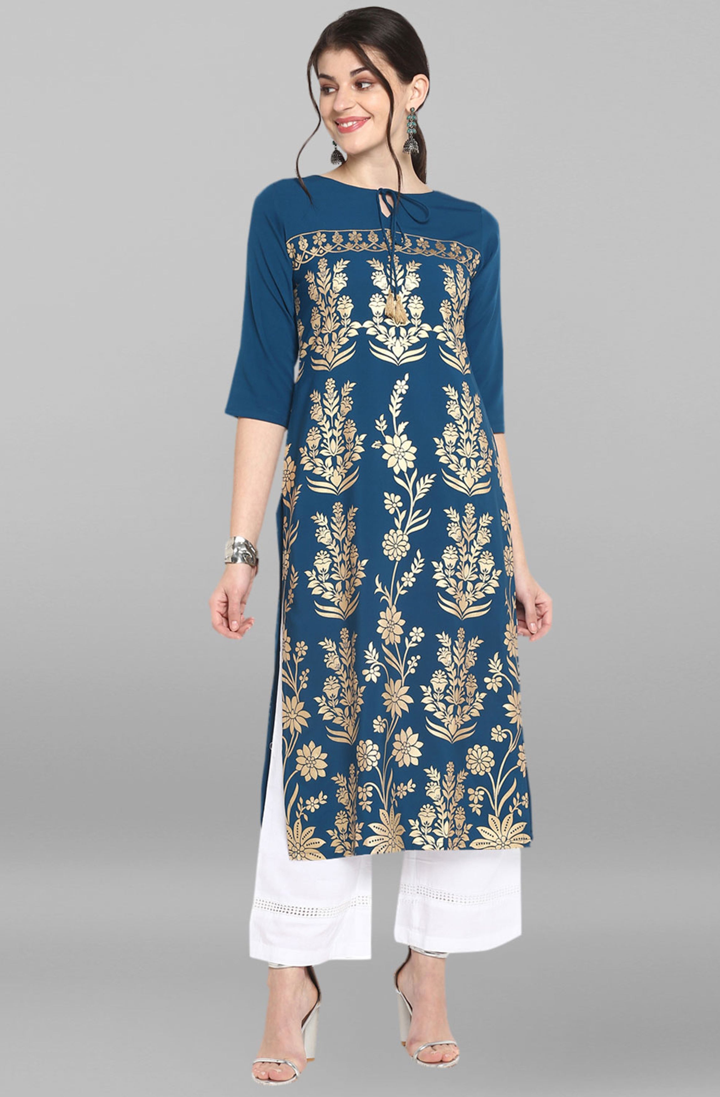 Janasya Women's Turquoise Blue Poly Crepe Gold Printed Festive & Party Straight kurta - Distacart