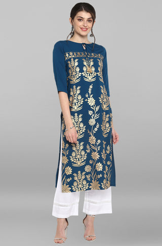 Janasya Women's Turquoise Blue Poly Crepe Gold Printed Festive & Party Straight kurta - Distacart