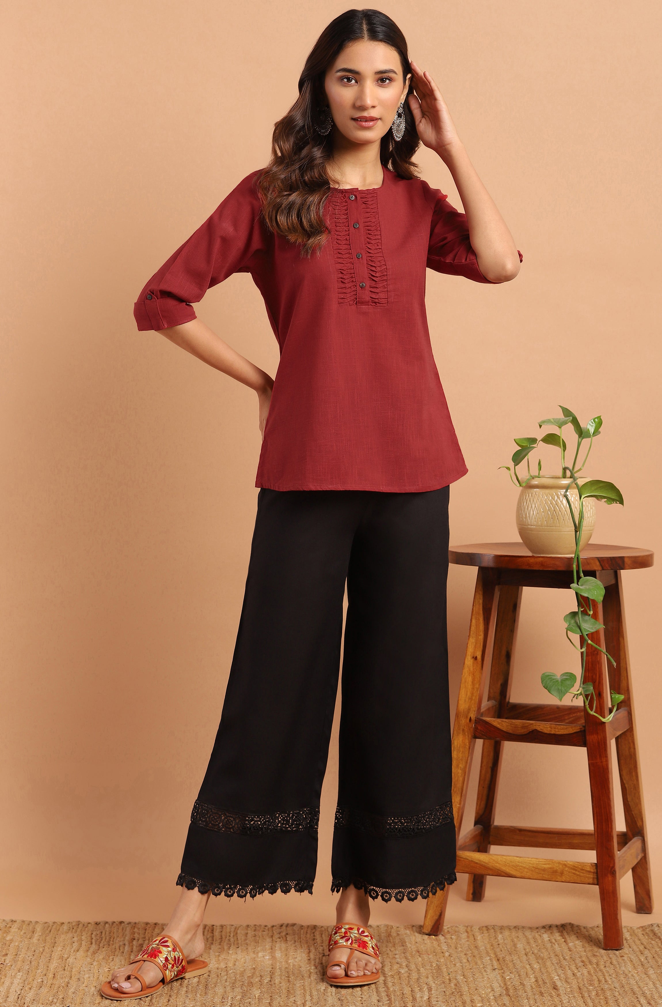 Janasya Women's Maroon Cotton Slub Solid Regular Top - Distacart