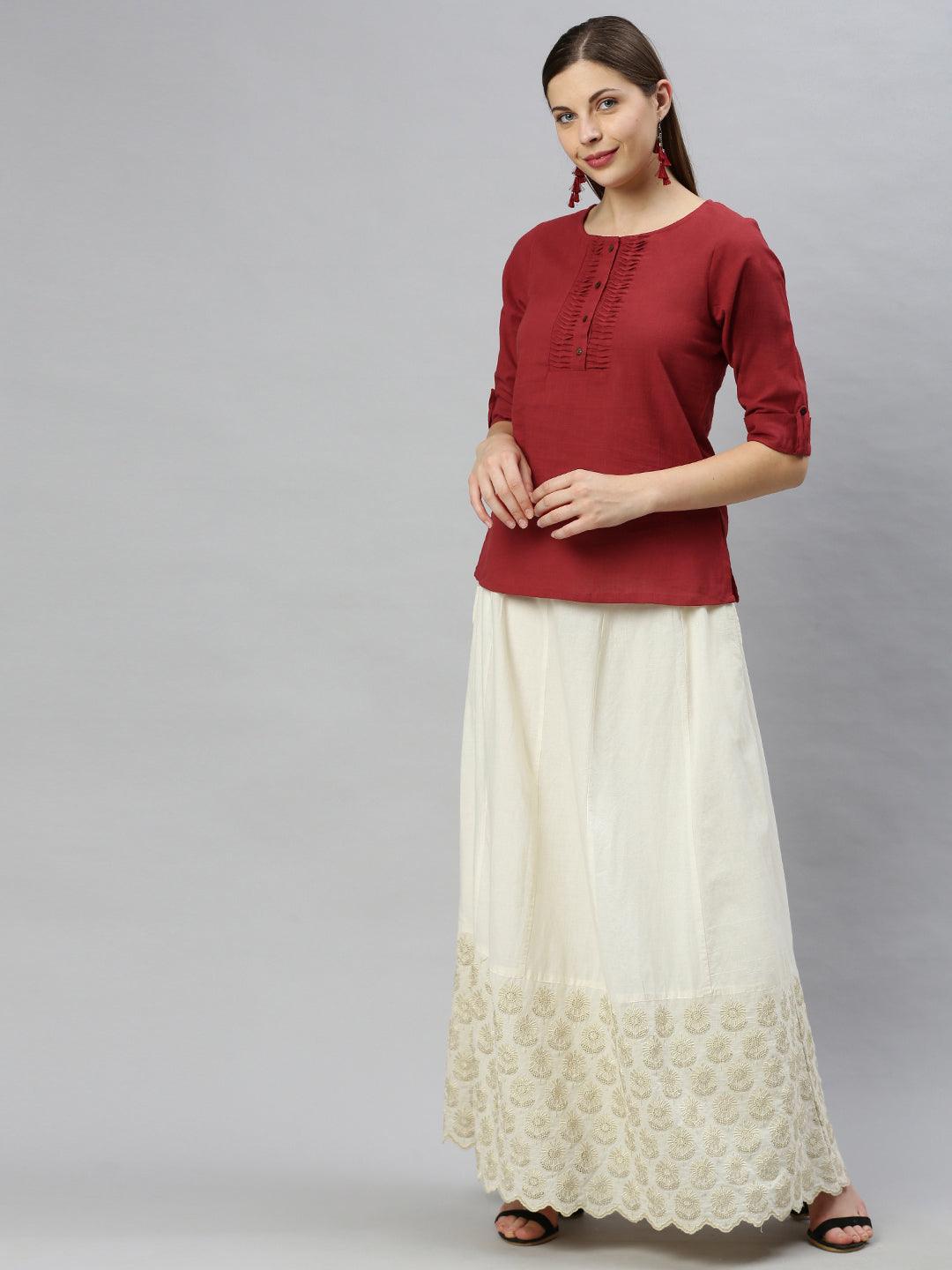 Janasya Women's Maroon Cotton Slub Solid Regular Top - Distacart