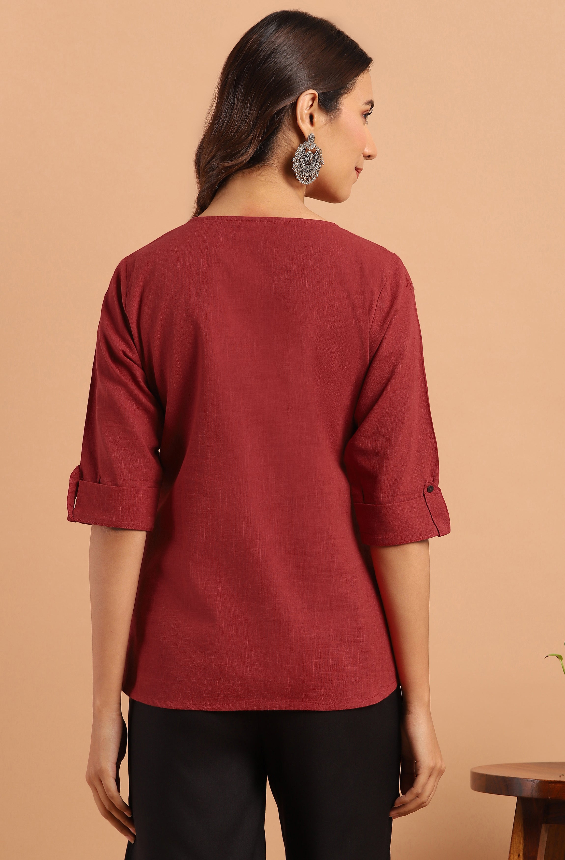 Janasya Women's Maroon Cotton Slub Solid Regular Top - Distacart