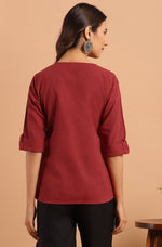 Thumbnail for Janasya Women's Maroon Cotton Slub Solid Regular Top - Distacart