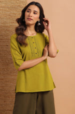 Thumbnail for Janasya Women's Green Cotton Slub Solid Regular Top - Distacart