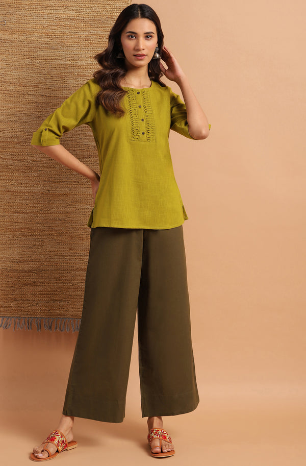 Janasya Women's Green Cotton Slub Solid Regular Top - Distacart