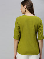 Thumbnail for Janasya Women's Green Cotton Slub Solid Regular Top - Distacart