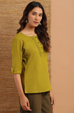 Thumbnail for Janasya Women's Green Cotton Slub Solid Regular Top - Distacart