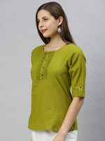Thumbnail for Janasya Women's Green Cotton Slub Solid Regular Top - Distacart