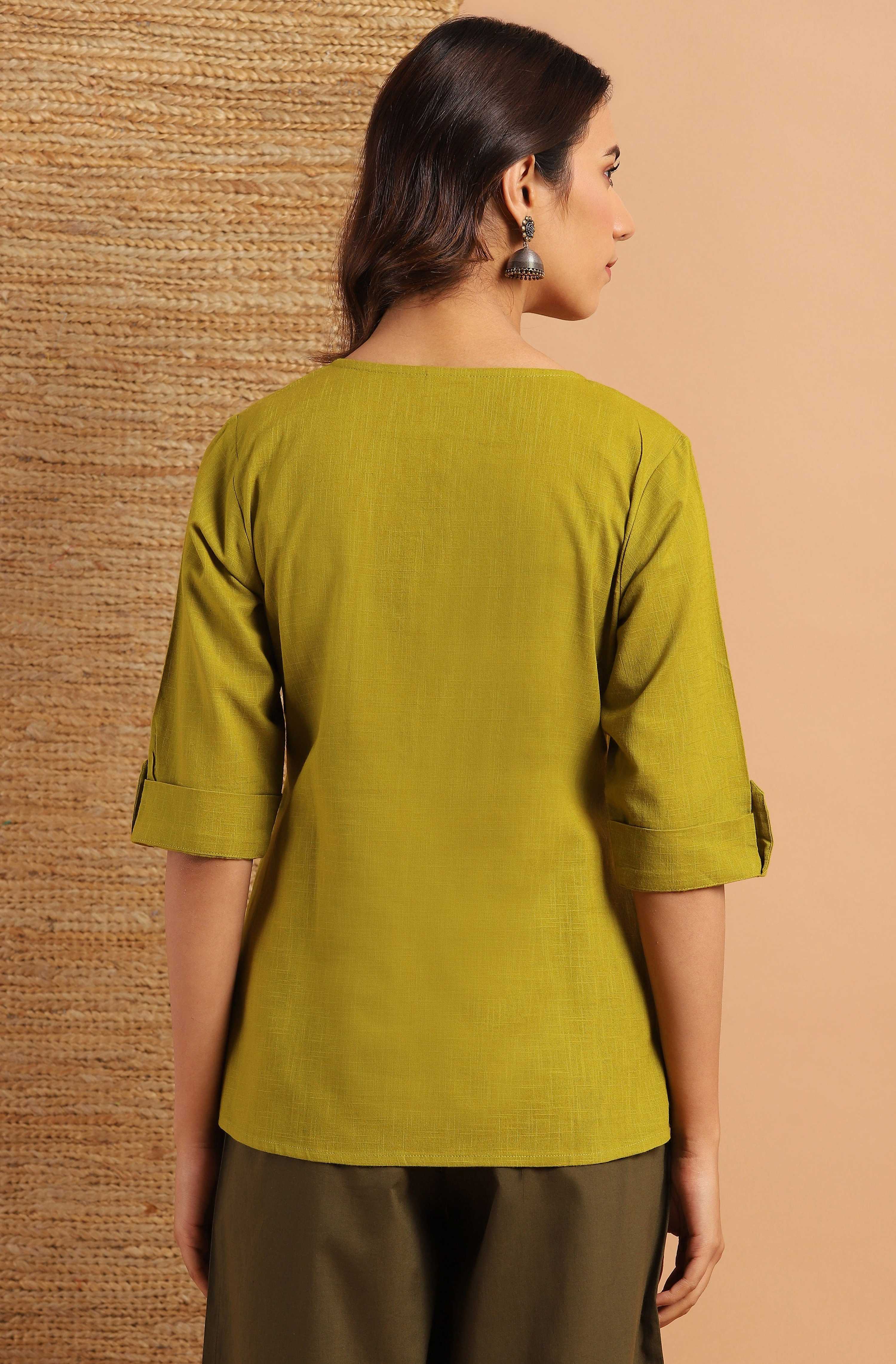 Janasya Women's Green Cotton Slub Solid Regular Top - Distacart