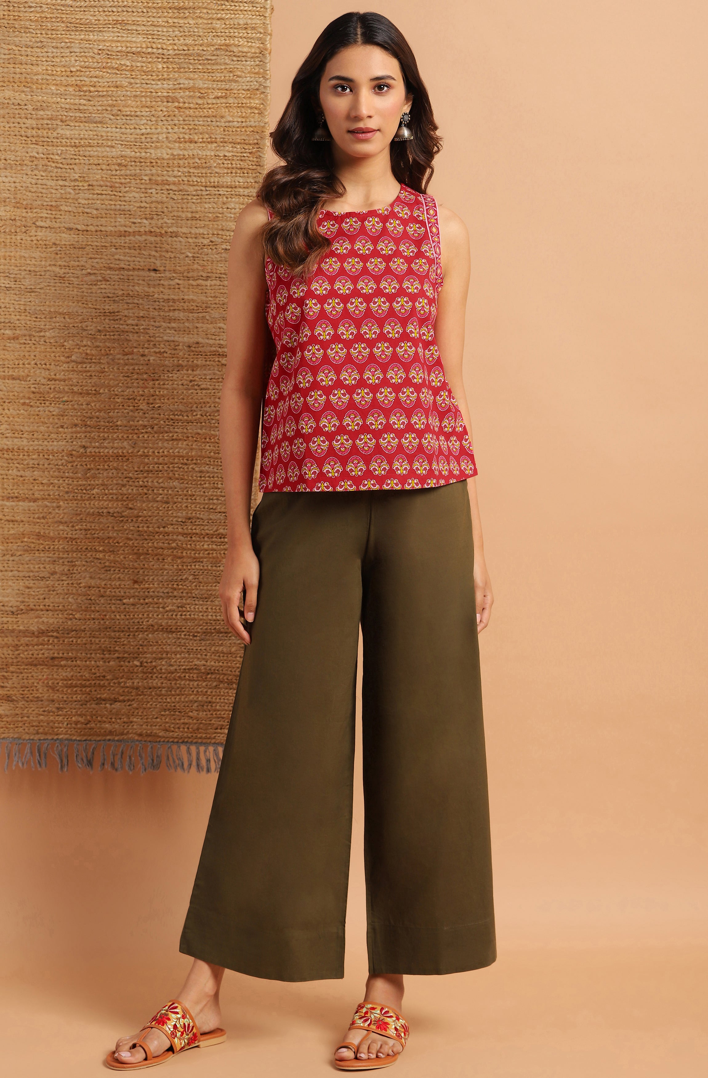 Janasya Women's Red Cotton Floral Print Regular Top - Distacart