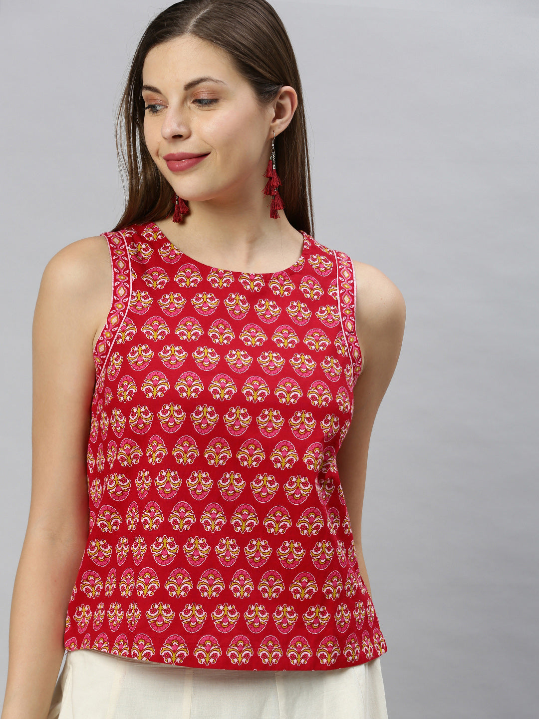 Janasya Women's Red Cotton Floral Print Regular Top - Distacart