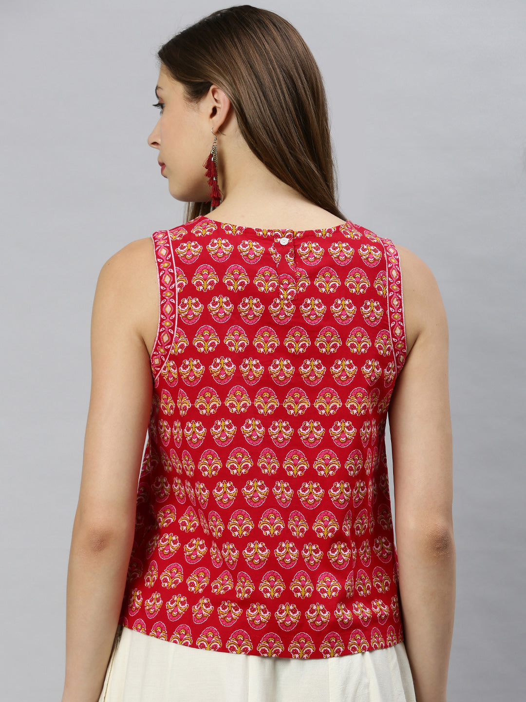 Janasya Women's Red Cotton Floral Print Regular Top - Distacart