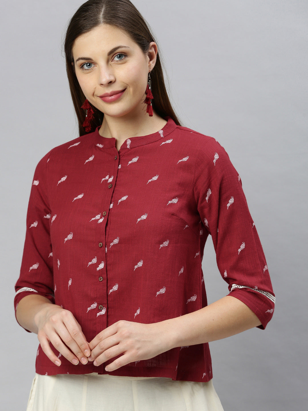 Janasya Women's Maroon Cotton Slub Animal Print Shirt Style Top - Distacart