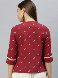Thumbnail for Janasya Women's Maroon Cotton Slub Animal Print Shirt Style Top - Distacart