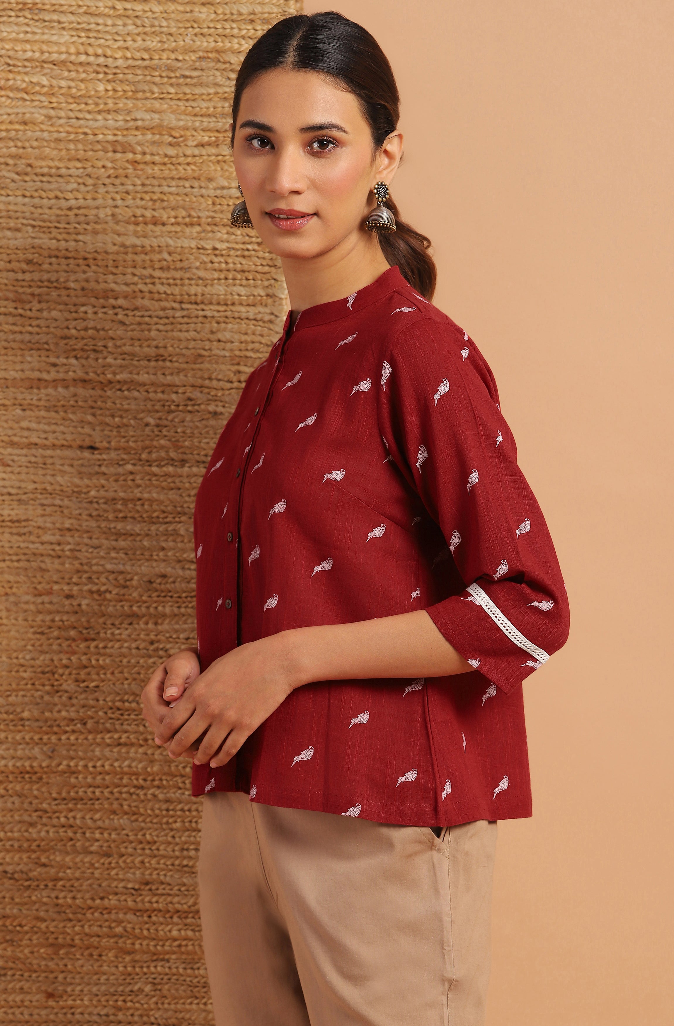Janasya Women's Maroon Cotton Slub Animal Print Shirt Style Top - Distacart