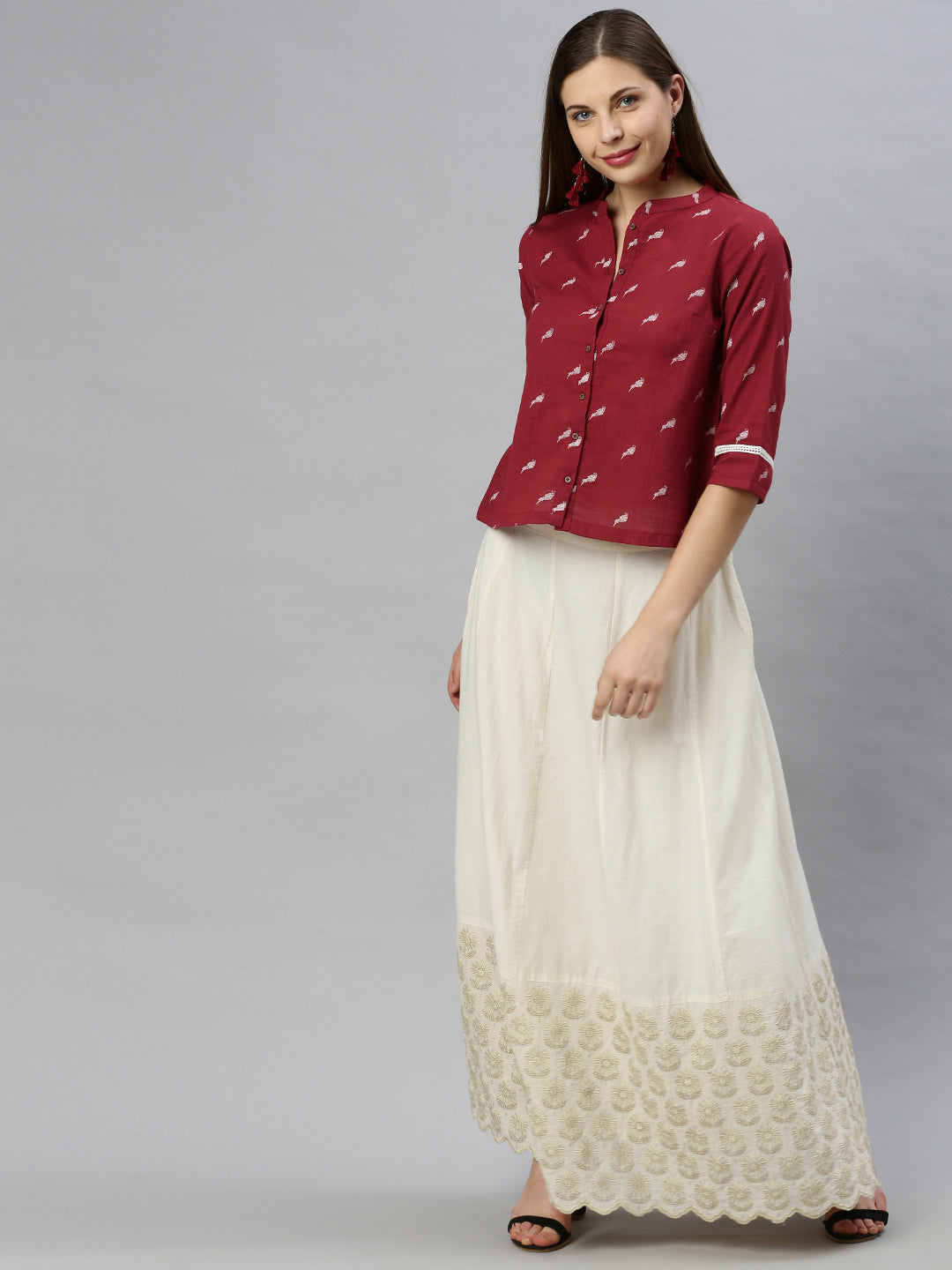 Janasya Women's Maroon Cotton Slub Animal Print Shirt Style Top - Distacart