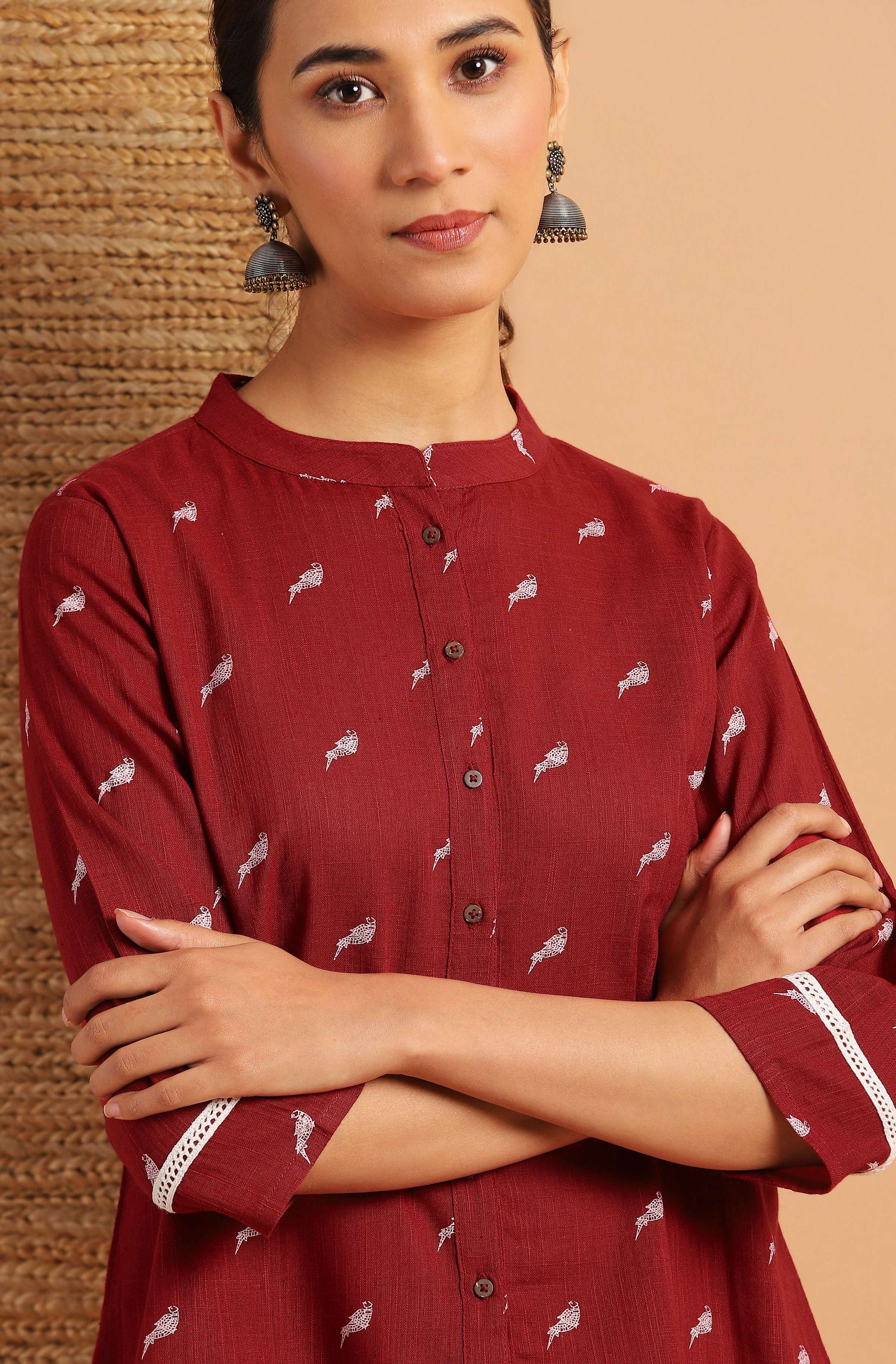 Janasya Women's Maroon Cotton Slub Animal Print Shirt Style Top - Distacart