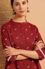 Thumbnail for Janasya Women's Maroon Cotton Slub Animal Print Shirt Style Top - Distacart