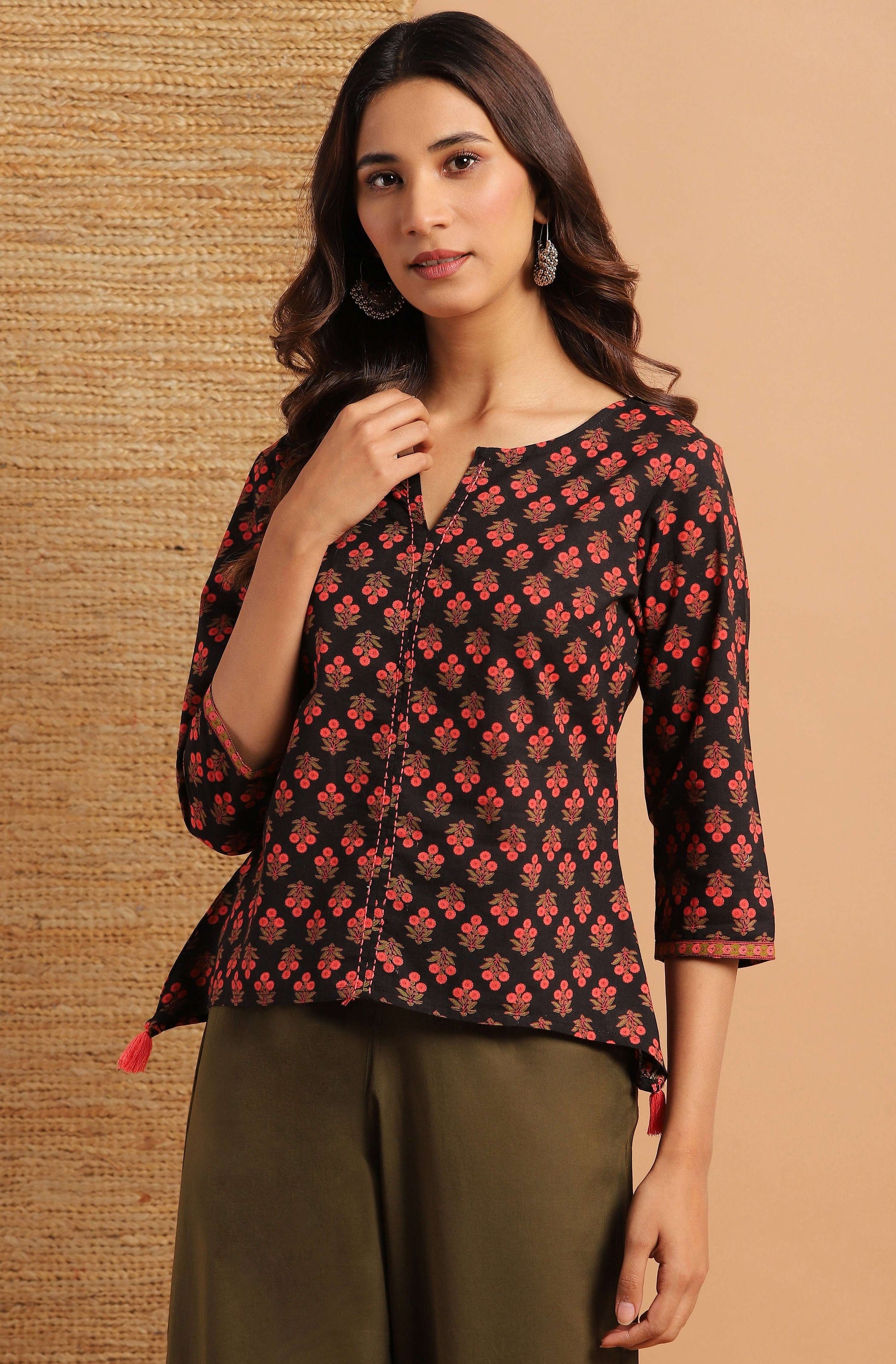Janasya Women's Black Cotton Floral Print Regular Top - Distacart
