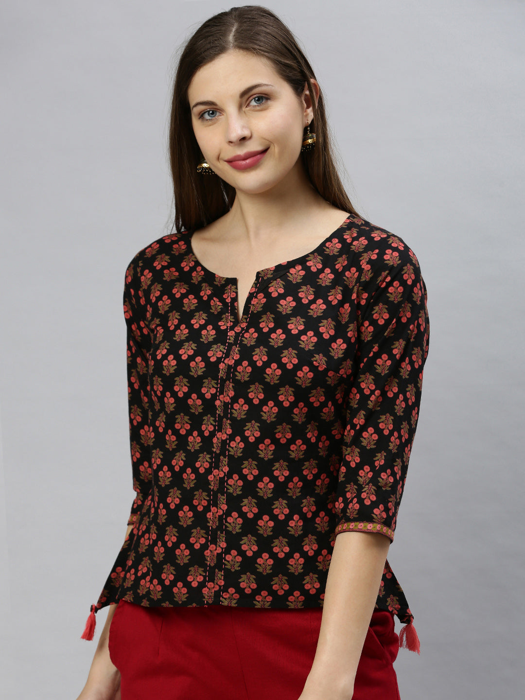 Janasya Women's Black Cotton Floral Print Regular Top - Distacart