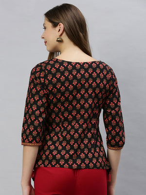 Janasya Women's Black Cotton Floral Print Regular Top - Distacart