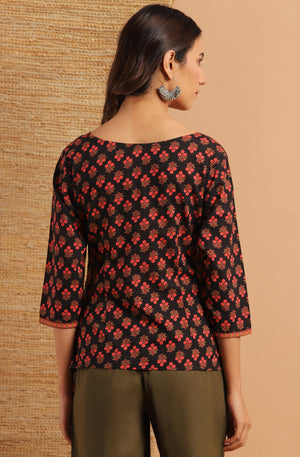 Janasya Women's Black Cotton Floral Print Regular Top - Distacart