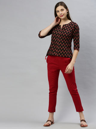 Janasya Women's Black Cotton Floral Print Regular Top - Distacart