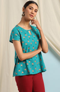Thumbnail for Janasya Women's Teal Cotton Slub Floral Print Regular Top - Distacart