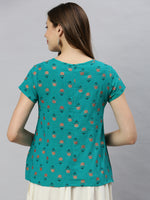 Thumbnail for Janasya Women's Teal Cotton Slub Floral Print Regular Top - Distacart