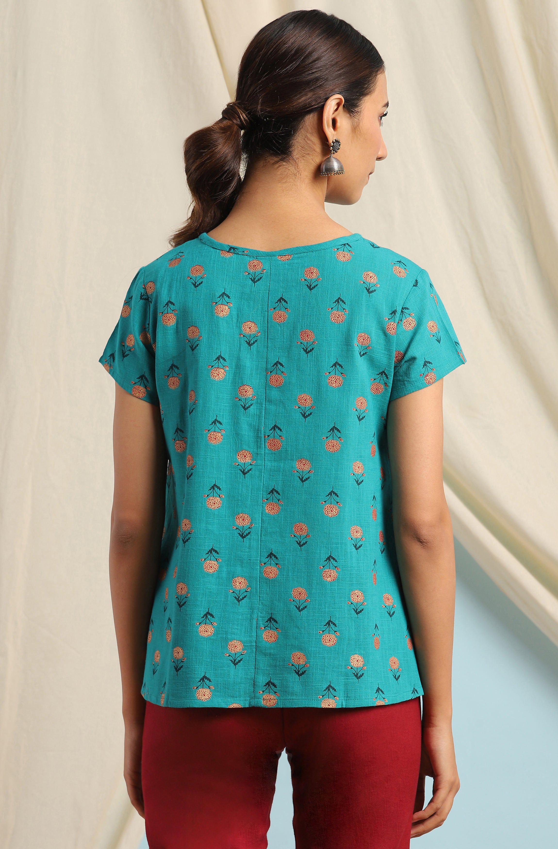 Janasya Women's Teal Cotton Slub Floral Print Regular Top - Distacart