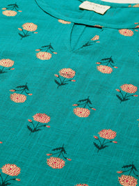 Thumbnail for Janasya Women's Teal Cotton Slub Floral Print Regular Top - Distacart