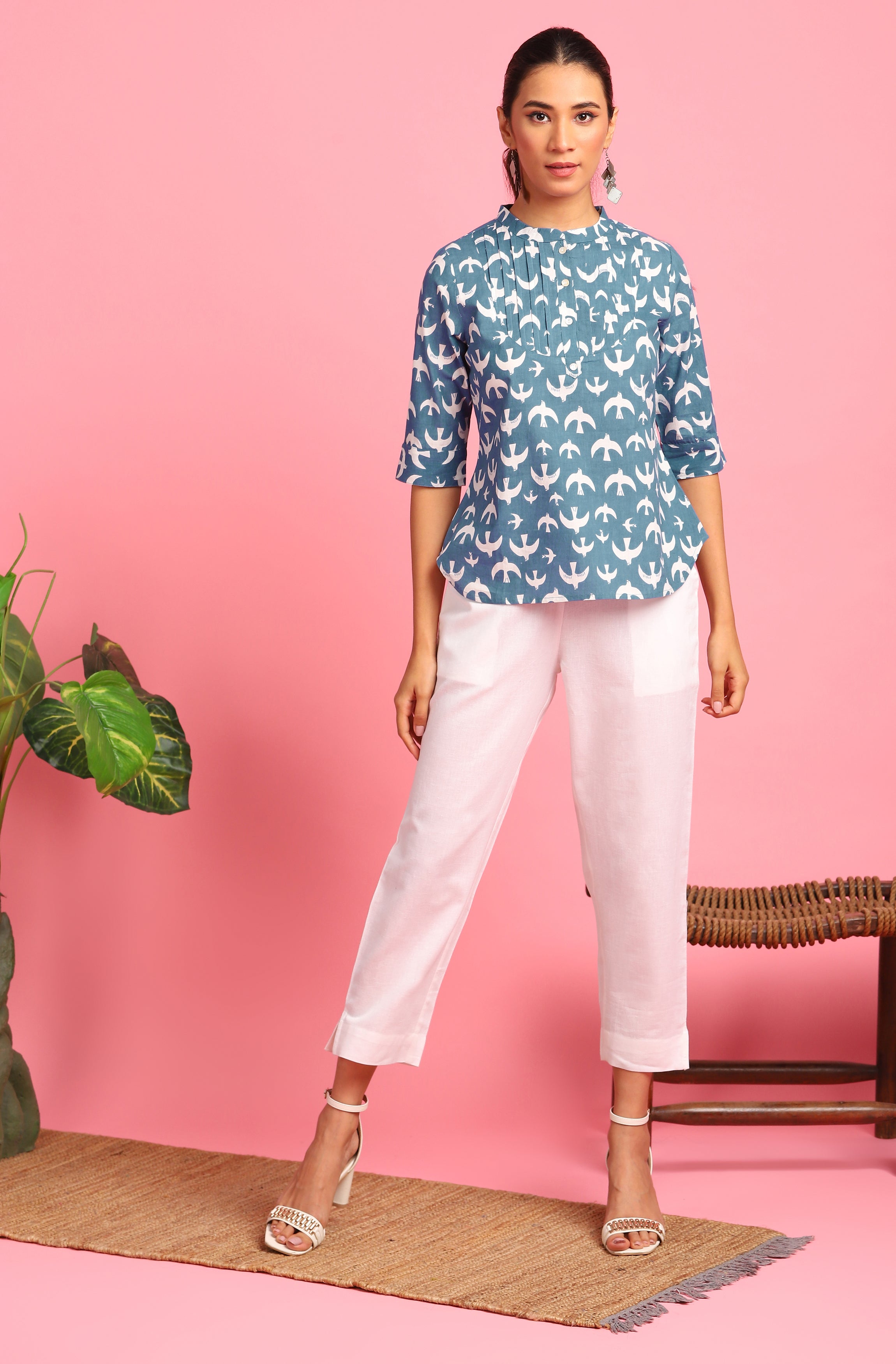 Janasya Women's Blue Cotton Animal Print Regular Top - Distacart