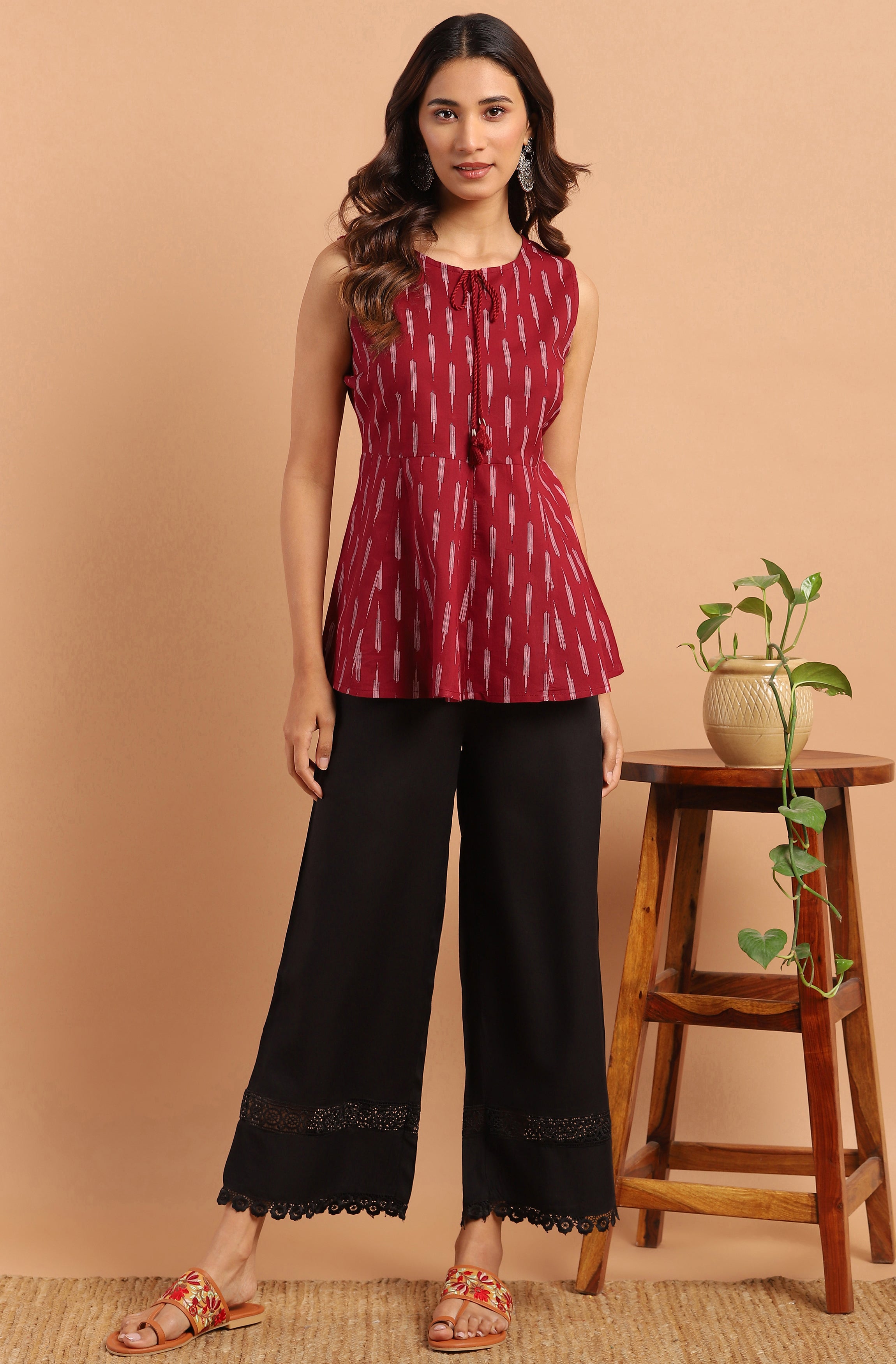 Janasya Women's Maroon Cotton Geometric Print Peplum Top - Distacart