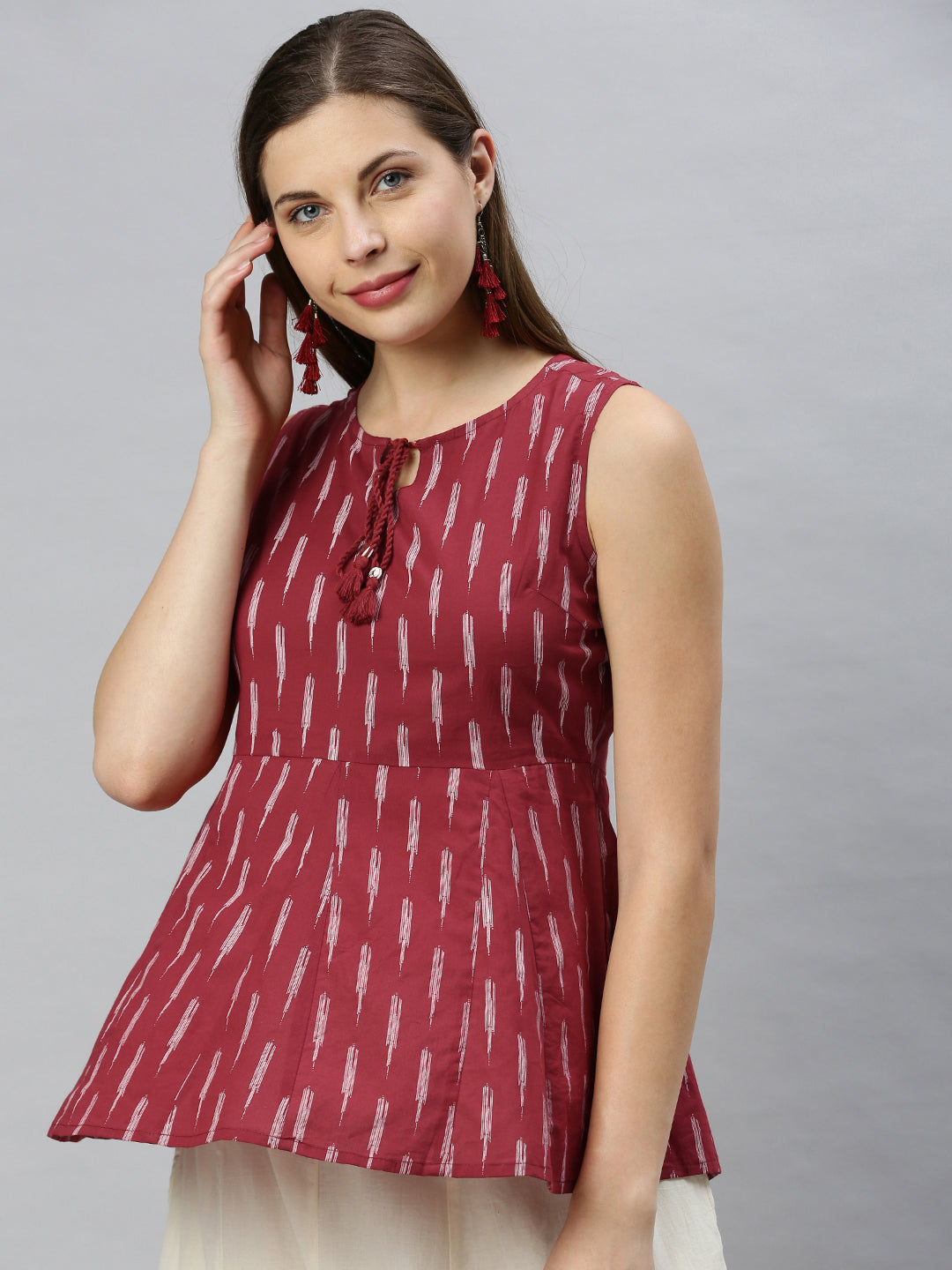 Janasya Women's Maroon Cotton Geometric Print Peplum Top - Distacart