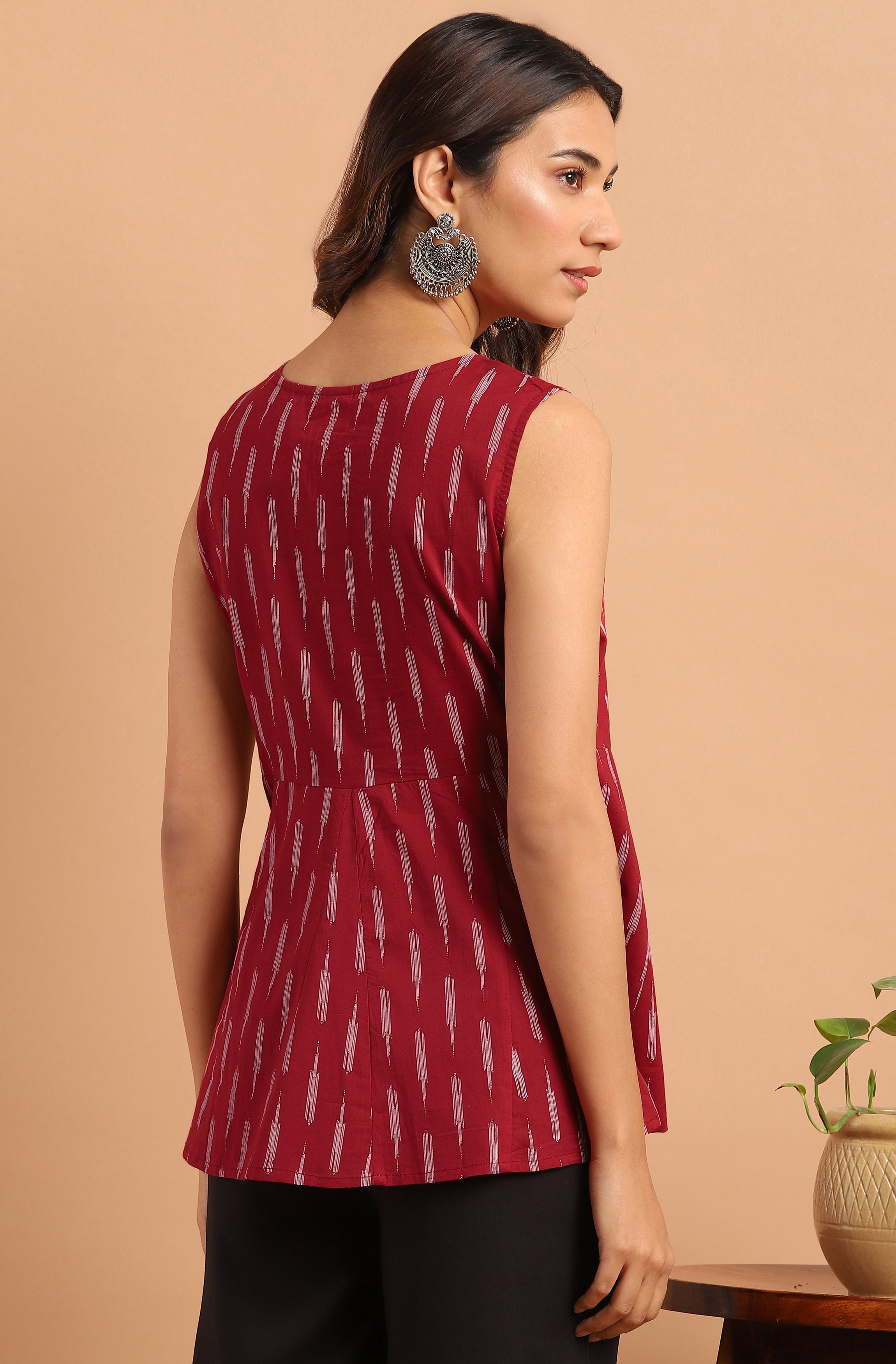 Janasya Women's Maroon Cotton Geometric Print Peplum Top - Distacart