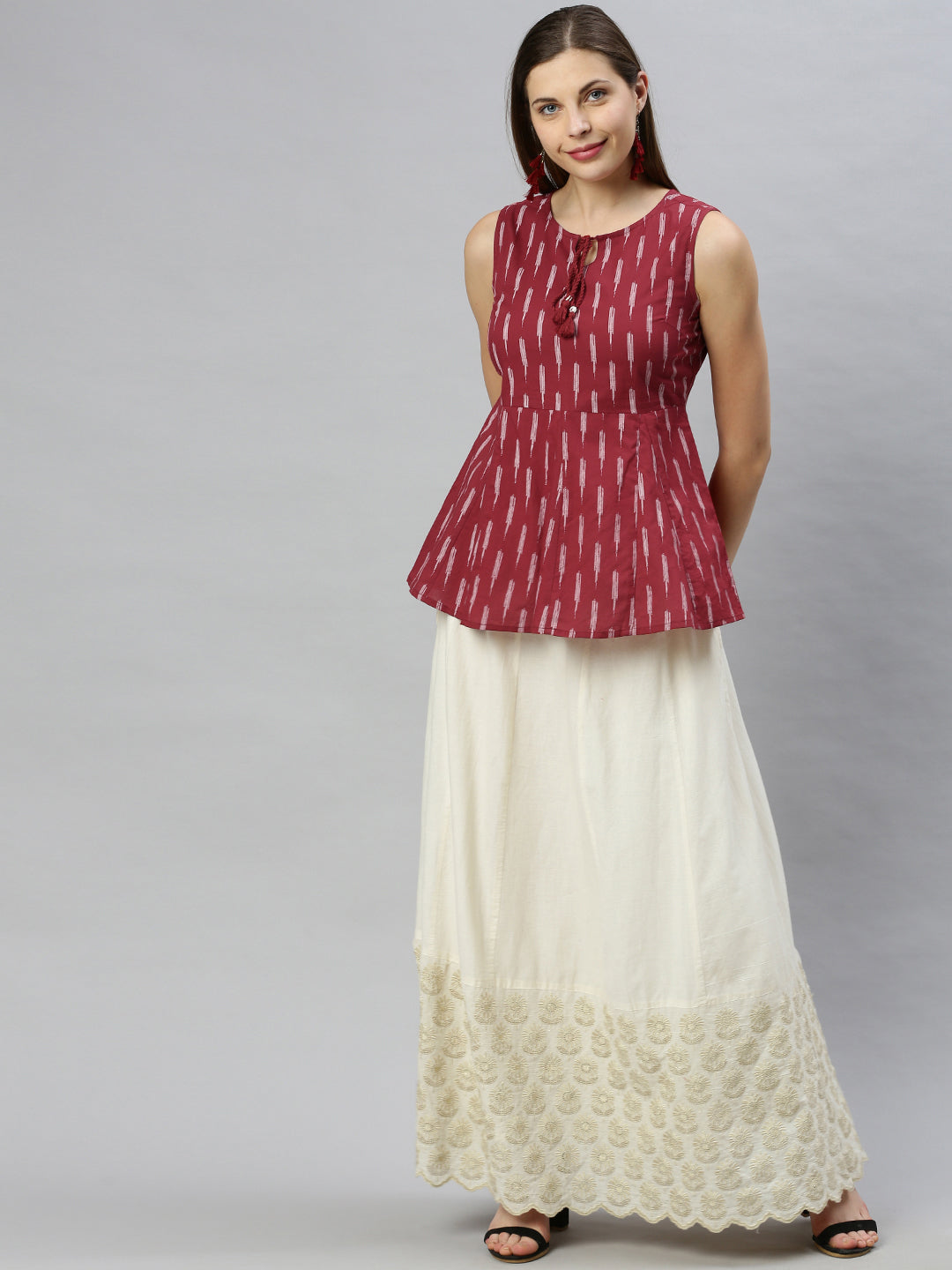 Janasya Women's Maroon Cotton Geometric Print Peplum Top - Distacart