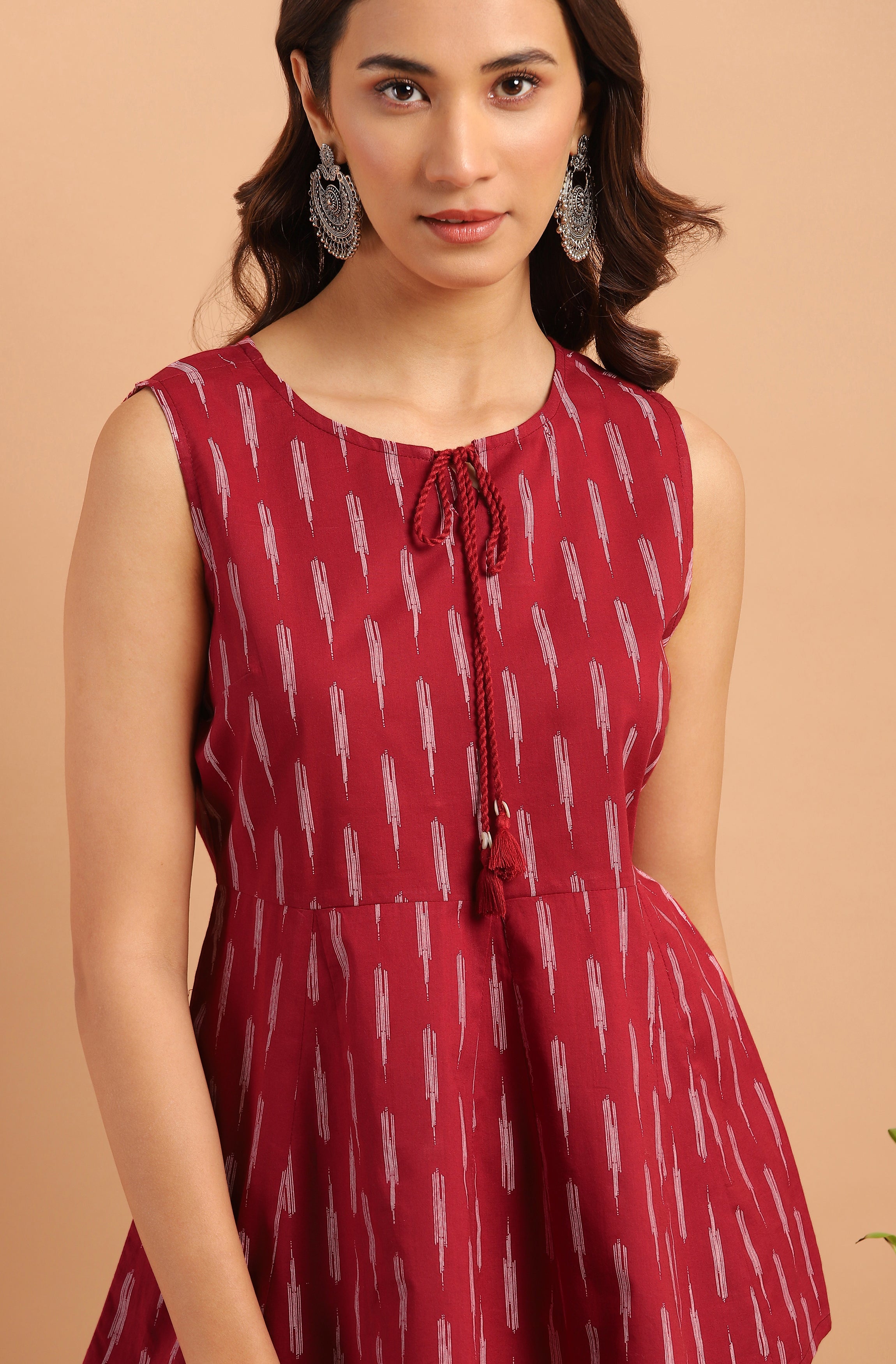 Janasya Women's Maroon Cotton Geometric Print Peplum Top - Distacart