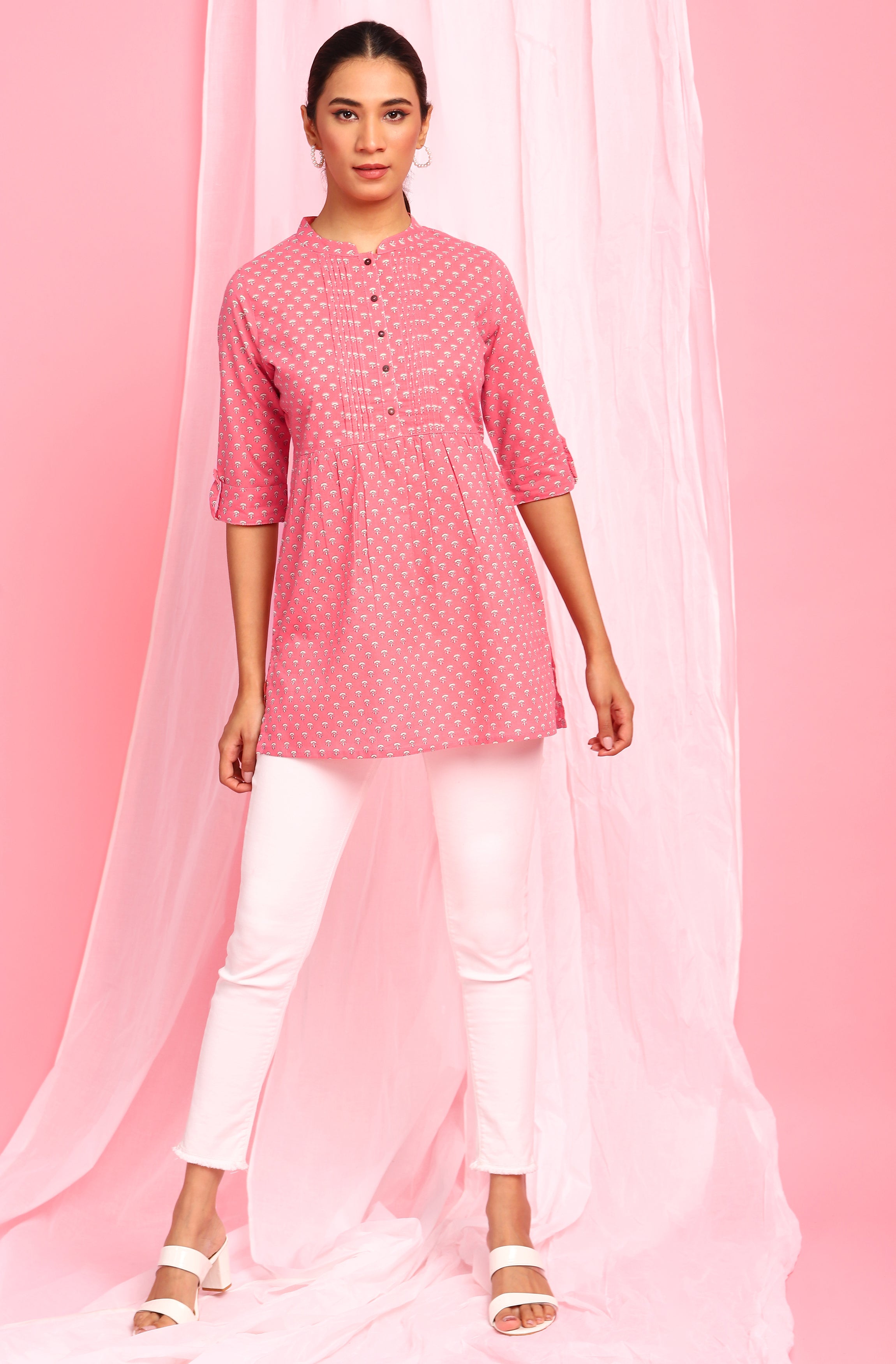 Janasya Women's Pink Cotton Floral Print Empire Waist Tunic - Distacart