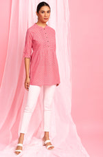 Thumbnail for Janasya Women's Pink Cotton Floral Print Empire Waist Tunic - Distacart