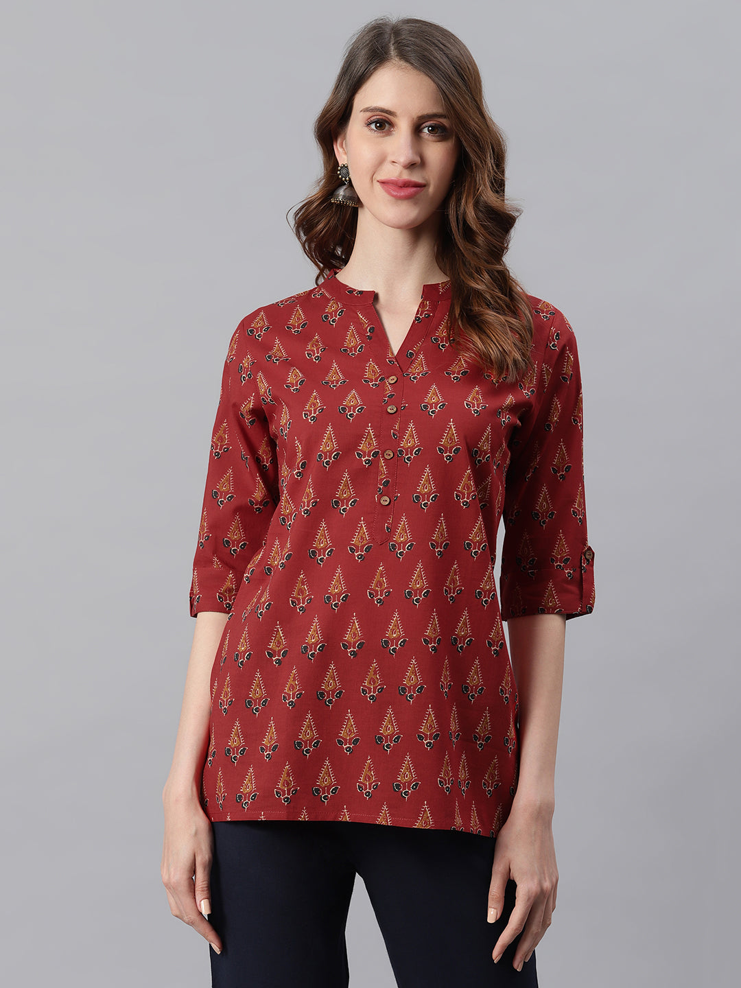 Janasya Women's Red Cotton Ethnic Motifs Straight Tunic - Distacart