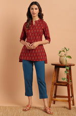 Thumbnail for Janasya Women's Red Cotton Ethnic Motifs Straight Tunic - Distacart
