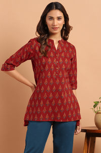 Thumbnail for Janasya Women's Red Cotton Ethnic Motifs Straight Tunic - Distacart